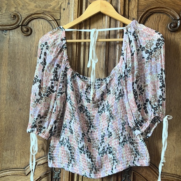 Free People Back On Top Crop Smocked Shirt Blouse Soft Combo Puff Sleeve - Picture 10 of 15